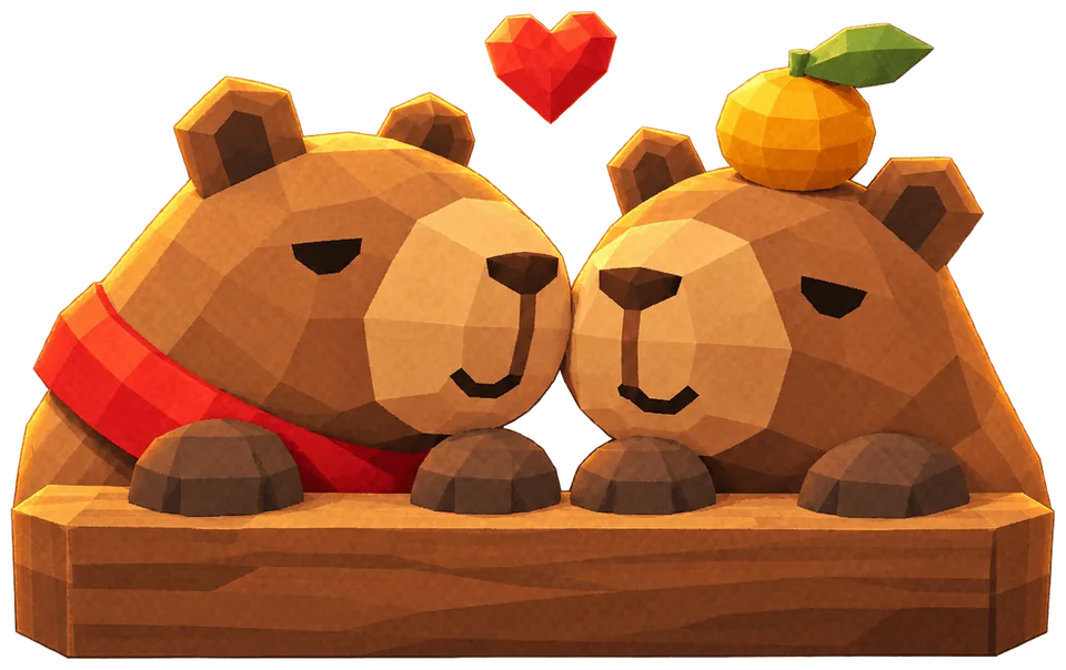 Capychat’s two low-poly capybaras nuzzling over a wooden ledge, one in a red scarf and one with a yuzu on its head, under a red heart.