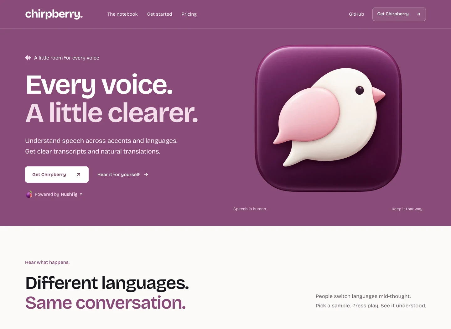 Chirpberry’s website: an ivory bird, rich mulberry color, and oversized editorial typography.