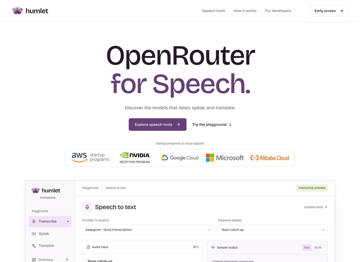 Humlet website with a moon-moth identity and a speech-tool playground.