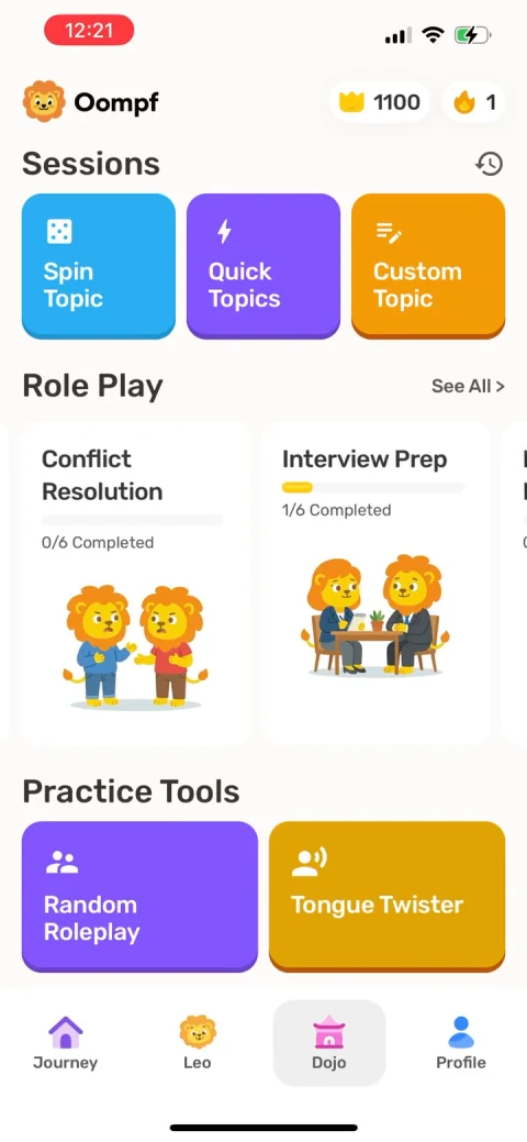 Oompf’s speaking dojo with practice topics and illustrated characters.