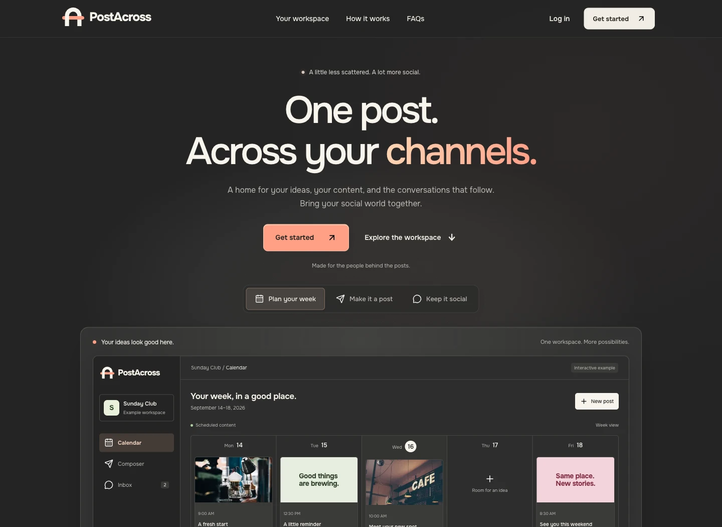 PostAcross’s website with the bridge identity, social publishing headline, and example content calendar.